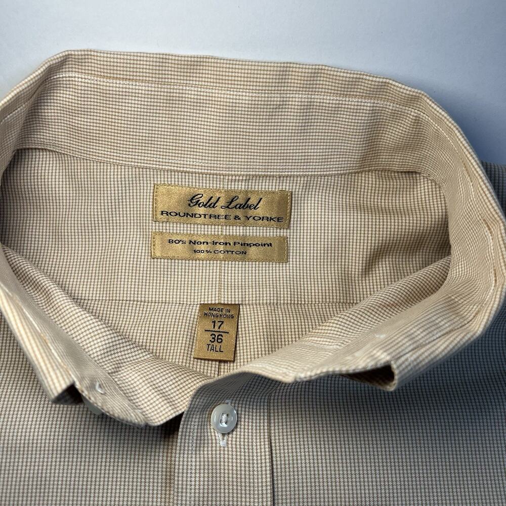 Roundtree & Yorke Gold Label Non-Iron Cotton Check Dress Shirt Beige 17 36 Tall - Picture 7 of 8
